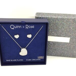 3/$30 QUINN + ROSE SILVER PLATE CZ ZIRCONIA NECKLACE EARRING SET HEART PENDANT